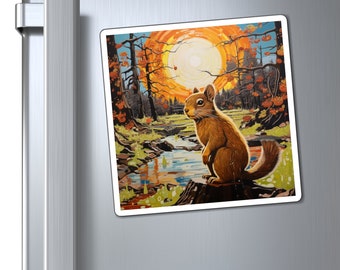 Squirrel Art Magnets | Nature Scene | Woodland Picture | Forrest Painting | Wildlife Art