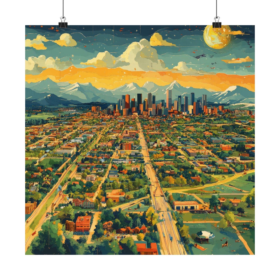Denver Cityscape Giclée Print | Retro Skyline, Colorado Sunset - Etsy