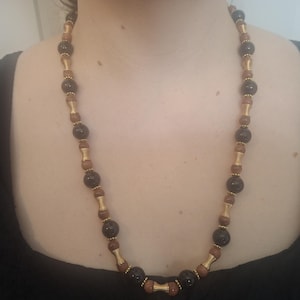 Handmade Black Onyx & Goldstone Beaded Necklace | Custom 26.5” Elegant Gemstone Jewelry, Natural Materials, Boho Vibes, Gift for Her/ Him