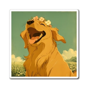 Animated Golden Retriever Magnets | Cartoon Dog Magnet | Vinyl Refrigerator Magnet | Pet Art Colorful Artwork | Dog Loss Memorial