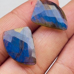 Puede incluir: Dos gemas facetadas de labradorita con iridiscencia azul y dorada. Las gemas están talladas en forma de media luna, mostrando un juego de colores. Las piedras se sostienen en una mano, mostrando su belleza natural y patrones únicos.