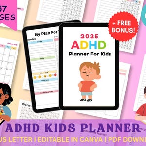Könnte beinhalten: ADHS-Planer für Kinder 2025 mit farbenfrohem Design und Cartoon-Illustration. Enthält einen Monatsplaner, einen Verhaltenstracker und eine Notfallkontaktliste. A4/US Letter-Format, bearbeitbar in Canva, als PDF-Download verfügbar.