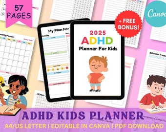 ADHS Planer für Kinder, Tagesablauf & Habit Tracker (druckbar, bearbeitbar, Canva PDF)