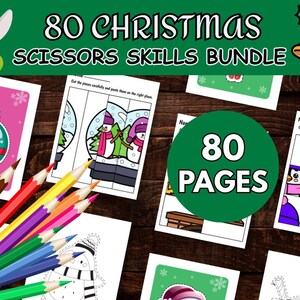 May include: A bundle of 80 Christmas-themed scissor skills pages. The image features colorful pencils, cut-and-paste activity sheets with snowmen and ornaments, and the text "80 CHRISTMAS SCISSORS SKILLS BUNDLE" in green.
