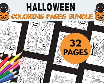 Może przedstawiać: Zestaw kolorowanek na Halloween z różnymi upiornymi ilustracjami, w tym czarownicą, duchami i dyniami. Tekst "HALLOWEEN COLORING PAGES BUNDLE" jest wyświetlany u góry, a "32 PAGES" znajduje się w okręgu.