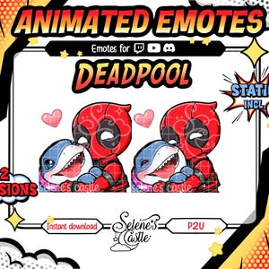 Puede incluir: Emoticonos animados con Deadpool abrazando a un tiburón de dibujos animados, con corazones rosas flotando encima. El diseño incluye el texto "Animated Emotes" y "Deadpool". La imagen tiene un estilo de cómic con acentos amarillos y rojos.