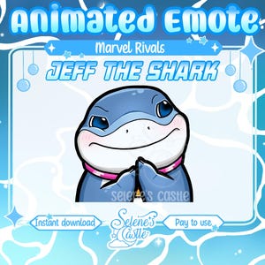 May include: Animated emote of a blue shark with a pink collar, smiling and holding its hands together in a praying gesture. The text "JEFF THE SHARK" is above the shark, and the text "Marvel Rivals" is above that. The text "Instant download" is in the lower left corner, and the text "Pay to use" is in the lower right corner.