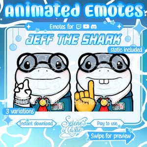 May include: Animated emotes featuring "Jeff the Shark" with three variations. The cartoon shark wears glasses and a suit, with one hand raised in a gesture. The image includes text that says "Instant download" and "Pay to use."