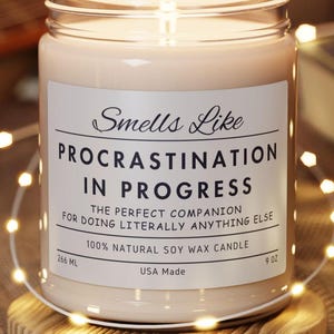 May include: A glass candle jar with a white label that reads "Smells Like Procrastination In Progress. The perfect companion for doing literally anything else. 100% Natural Soy Wax Candle. 266 ml. USA Made. 9 oz."