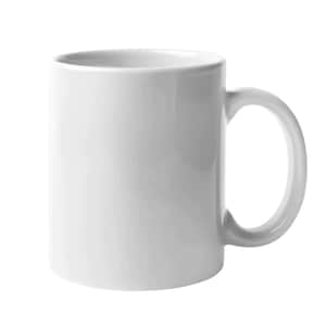 May include: A plain white ceramic mug with a smooth, glossy finish and a C-shaped handle on the right side. The mug features a cylindrical body with a wide opening at the top and a flat base, providing a clean and simple design for daily beverage use.