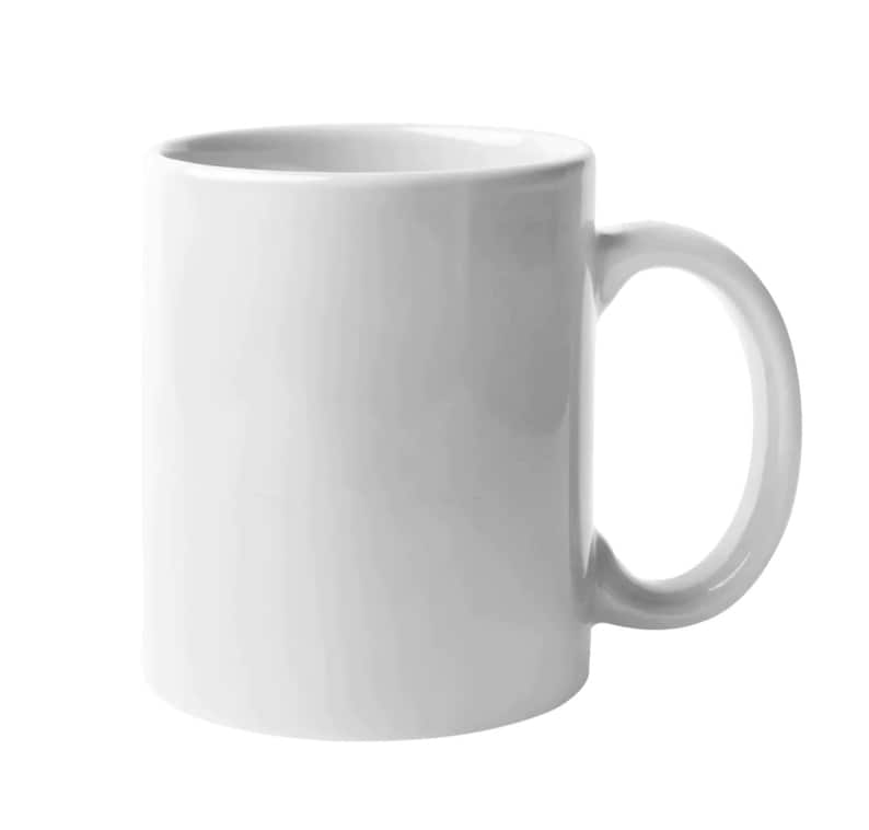 May include: A plain white ceramic mug with a smooth, glossy finish and a C-shaped handle on the right side. The mug features a cylindrical body with a wide opening at the top and a flat base, providing a clean and simple design for daily beverage use.