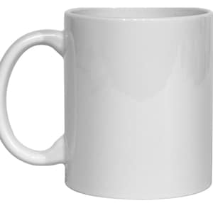 May include: A plain white ceramic mug with a smooth, glossy finish and a curved handle on the left side. The cylindrical vessel features a simple, clean design with no patterns, text, or decorations, presenting a uniform white color throughout.