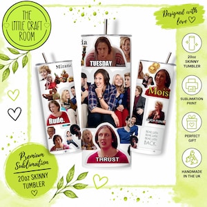 May include: Three 20oz skinny tumblers featuring a collage of scenes and characters from the television show Miranda. Each stainless steel tumbler includes a metal straw and displays various stills, quotes like Rude, Thrust, and Moist, and faces.