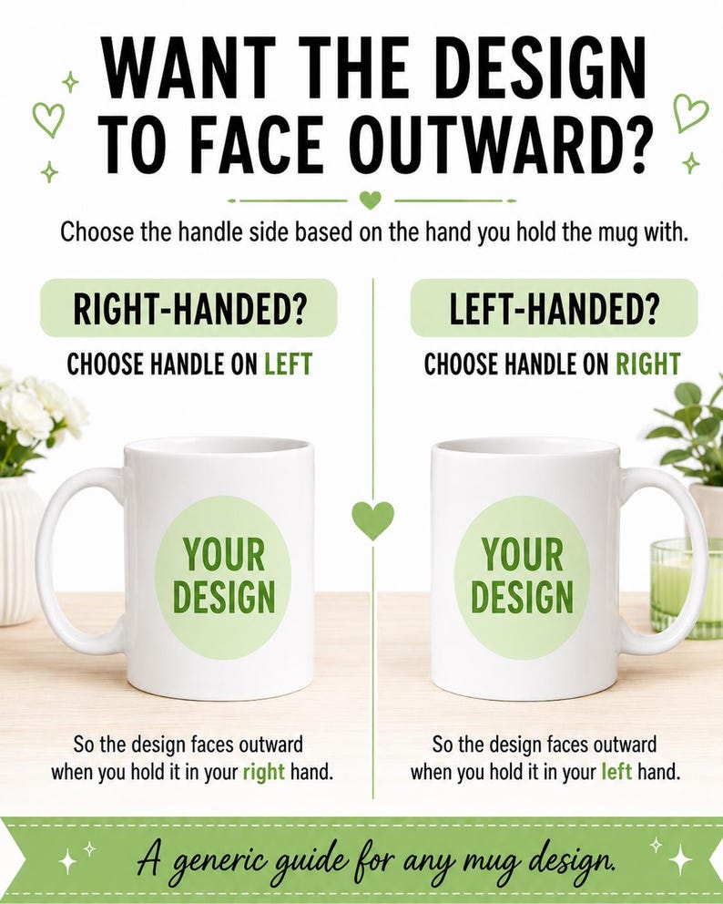May include: An instructional graphic for mug orientation featuring two white mugs with green circles labeled 'YOUR DESIGN'. Text includes 'WANT THE DESIGN TO FACE OUTWARD?', 'RIGHT-HANDED? CHOOSE HANDLE ON LEFT', and 'LEFT-HANDED? CHOOSE HANDLE ON RIGHT'.