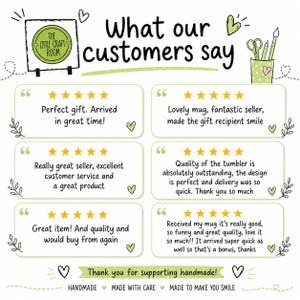May include: A customer review graphic titled What our customers say featuring six five-star reviews in green-bordered boxes. The design includes a logo for The Little Craft Room, a cup with craft tools, and the text Thank you for supporting handmade.