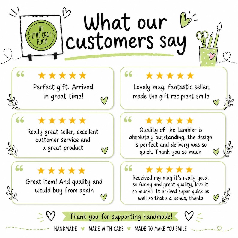 May include: A customer review graphic titled What our customers say featuring six five-star reviews in green-bordered boxes. The design includes a logo for The Little Craft Room, a cup with craft tools, and the text Thank you for supporting handmade.