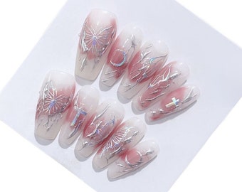 Glue on Press on Nails Long Coffin Vivid Pink Chrome - Etsy