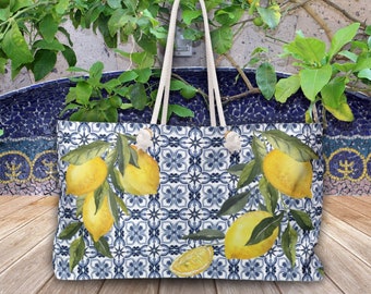 Italian Lemons Weekender Bag - Blue Tile Pattern Large Tote - Amalfi Coast Capri Italy Gift