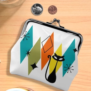 Atomic Cat Coin Purse - Cute Mid-Century Modern Mini Hand Bag - Faux Leather Small Pouch