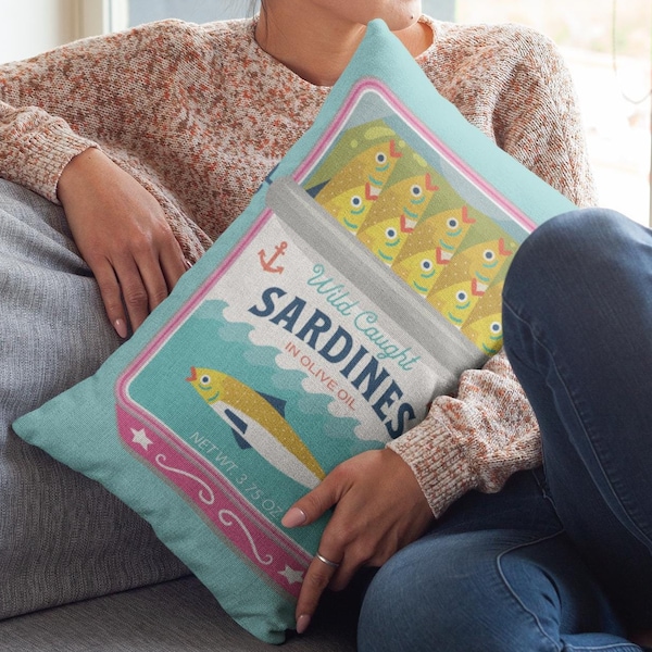 Sardines Can Lumbar Pillow - Tinned Fish Throw Pillow - Cute Sardine Art Print - Trendy Coastal Style