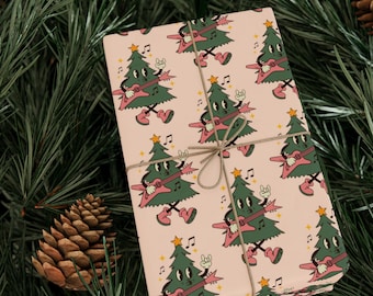 Retro Christmas Wrapping Paper - Tree Character With Guitar Repeating Print