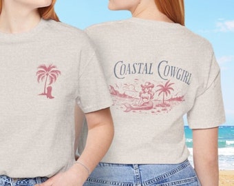 T-shirt de cow-girl côtière - Imprimé graphique vieilli sur le devant/arrière - T-shirt de la côte ouest sirène cow-girl de plage