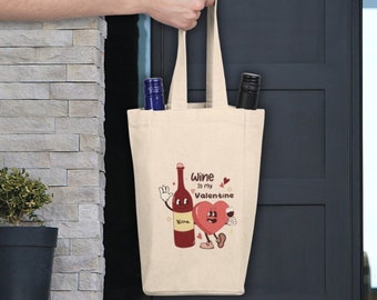 Le vin, c'est ma Saint-Valentin - Double sac fourre-tout à vin - Imprimé effet vieilli rétro