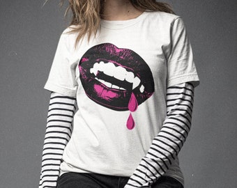 Vampire Fangs Tee - Retro Vampire Lips T-shirts - Abstract Halloween Shirts