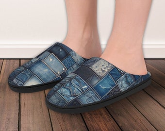 Denim Patchwork Women's Indoor Slippers With Rubber Sole