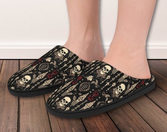 Dark Academia Women's Indoor Slippers - Arcane Medieval Skulls Pattern - 3 Sizes