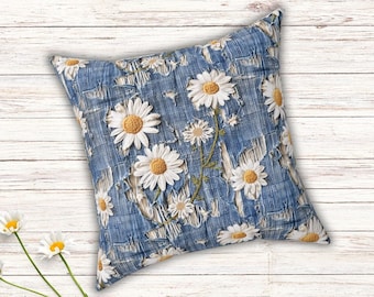 Denim & Daisies Distressed Spun Polyester Square Pillow With Insert Included - 4 Sizes