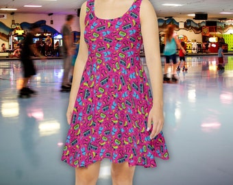 Vestido feminino estilo skater com estampa neon retrô dos anos 80