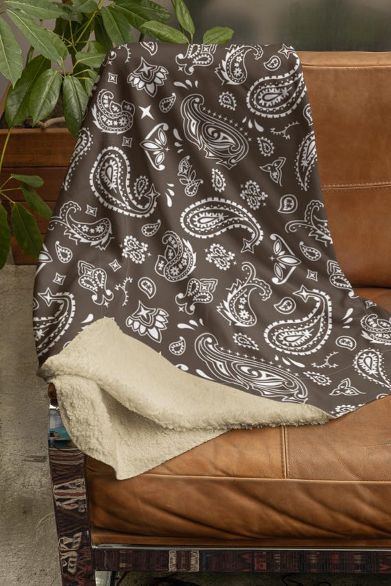 Brown Paisley Sherpa Blanket - Soft Plush Bandana Throw - Cozy