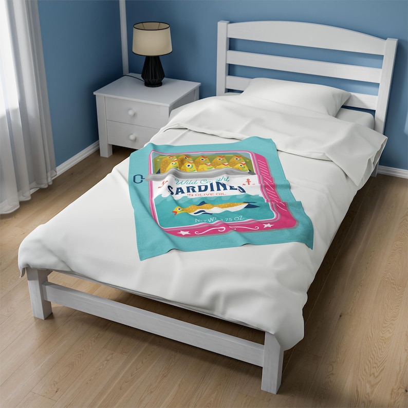 Sardines Plush Blanket - Velveteen Canned Sardine Print Throw Blanket - Tinned Fish Home Decor - Sardine Art Print image 3