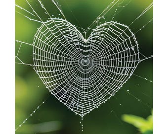 Puede incluir: Una telaraña en forma de corazón con gotas de rocío en las hebras sobre un fondo verde.
