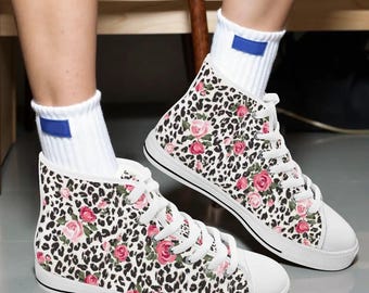Leopard Roses Print High Top Canvas Sneakers – Funky Women's Shoes