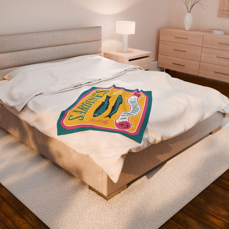 Manta de felpa con estampado de sardinas en conserva - Acogedora manta de terciopelo para amantes del marisco - Decoración náutica playera - Regalo ideal para la abuela costera 30" × 40"