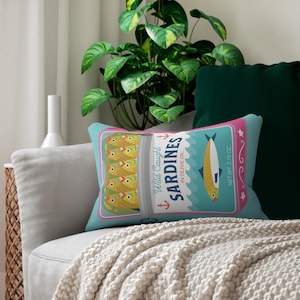 Sardines Can Lumbar Pillow - Tinned Fish Throw Pillow - Cute Sardine Art Print - Trendy Coastal Style image 2