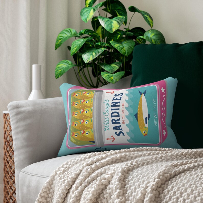 Sardines Can Lumbar Pillow - Tinned Fish Throw Pillow - Cute Sardine Art Print - Trendy Coastal Style image 2