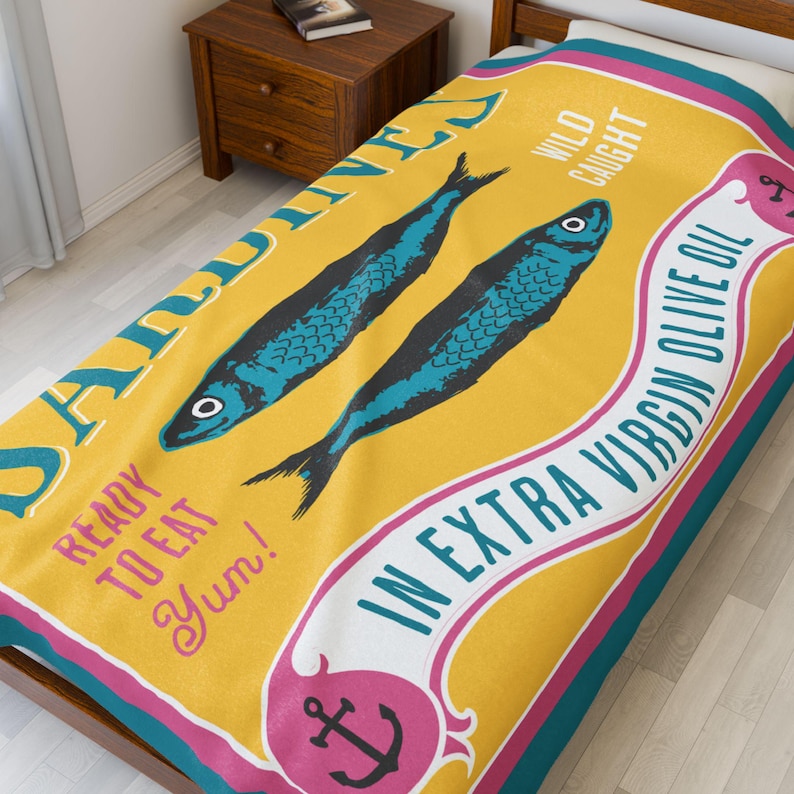 Manta de felpa con estampado de sardinas en conserva - Acogedora manta de terciopelo para amantes del marisco - Decoración náutica playera - Regalo ideal para la abuela costera imagen 6