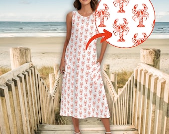 Lobster Print Women&#39;s Sleeveless Dress With Diagonal Pockets - Cute Coastal Beach Vacation Outfit