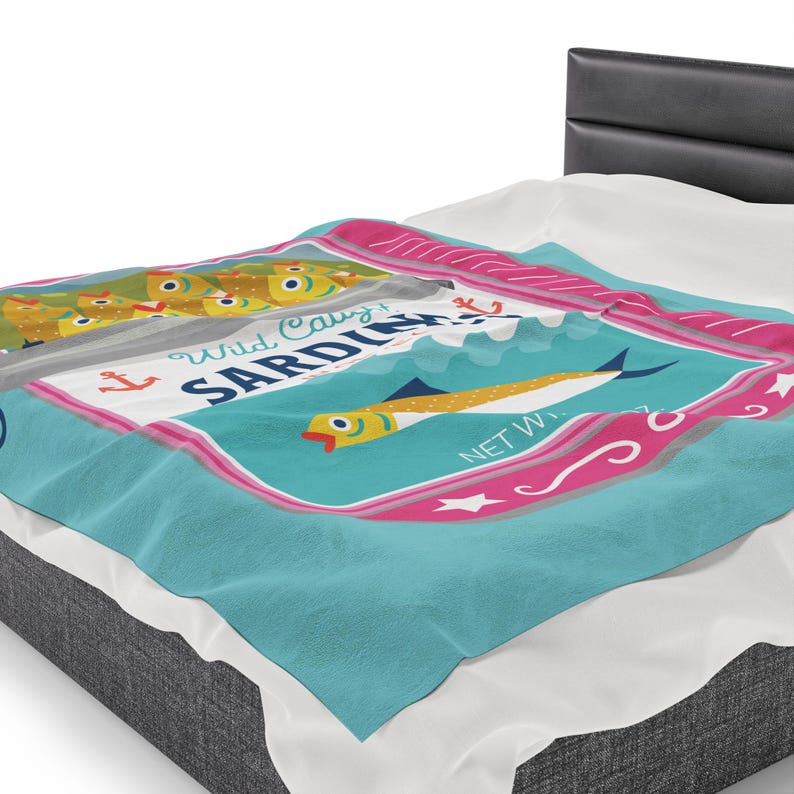 Sardines Plush Blanket - Velveteen Canned Sardine Print Throw Blanket - Tinned Fish Home Decor - Sardine Art Print 60" × 80"