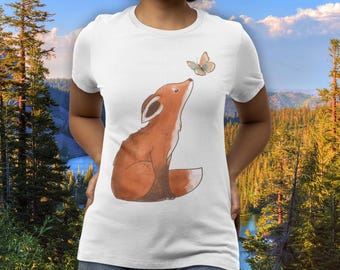 Whimsical Fox & Butterfly Tee - Cute Animal Art - Nature Lover Gift - Hand Drawn Graphic Shirt