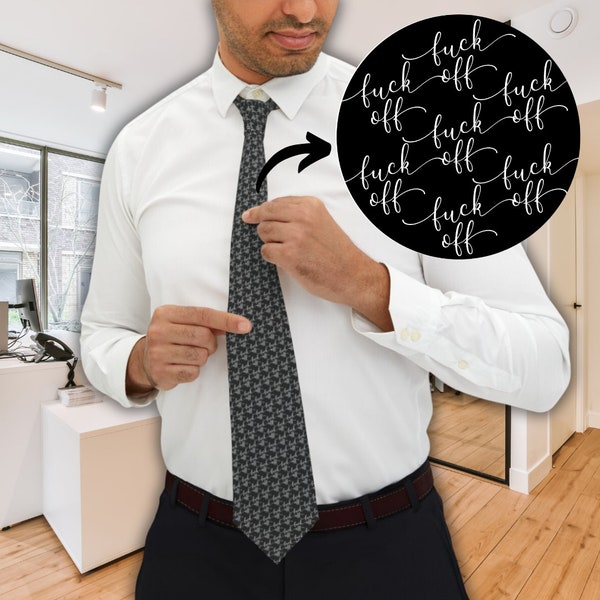 Fuck Off Cursive Pattern Neck Tie - Hidden Swear Word Men's Necktie in Black With White Lettering