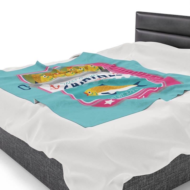 Sardines Plush Blanket - Velveteen Canned Sardine Print Throw Blanket - Tinned Fish Home Decor - Sardine Art Print 50" × 60"