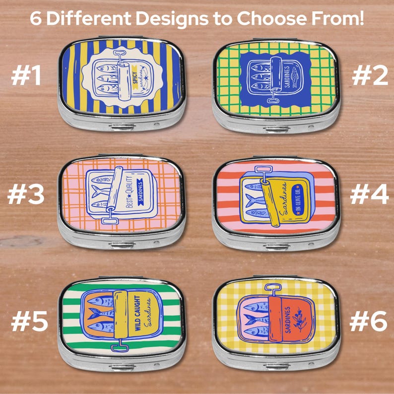 Peut inclure: Pr&eacute;sentation de six mod&egrave;les de bo&icirc;tes de sardines. Chaque bo&icirc;te, avec un cadre argent&eacute;, pr&eacute;sente un design graphique unique. Les motifs incluent des illustrations de sardines, du texte et des palettes de couleurs vari&eacute;es, comme le bleu, le jaune et le rose.
