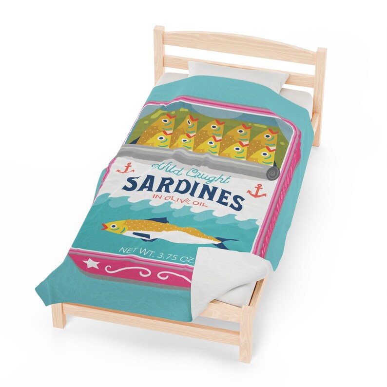 Sardines Plush Blanket - Velveteen Canned Sardine Print Throw Blanket - Tinned Fish Home Decor - Sardine Art Print image 4