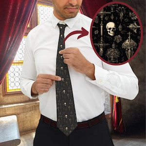 Dark Academia Necktie - Medieval Gothic Skull Pattern Men&#39;s Tie - Arcane Whimsigoth Gift