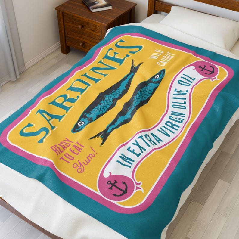 Manta de felpa con estampado de sardinas en conserva - Acogedora manta de terciopelo para amantes del marisco - Decoración náutica playera - Regalo ideal para la abuela costera imagen 8