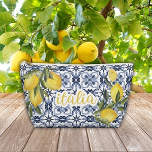 May include: A blue and white toile patterned zippered pouch with the word "italia" in white lettering. The pouch features a design of lemons and leaves.